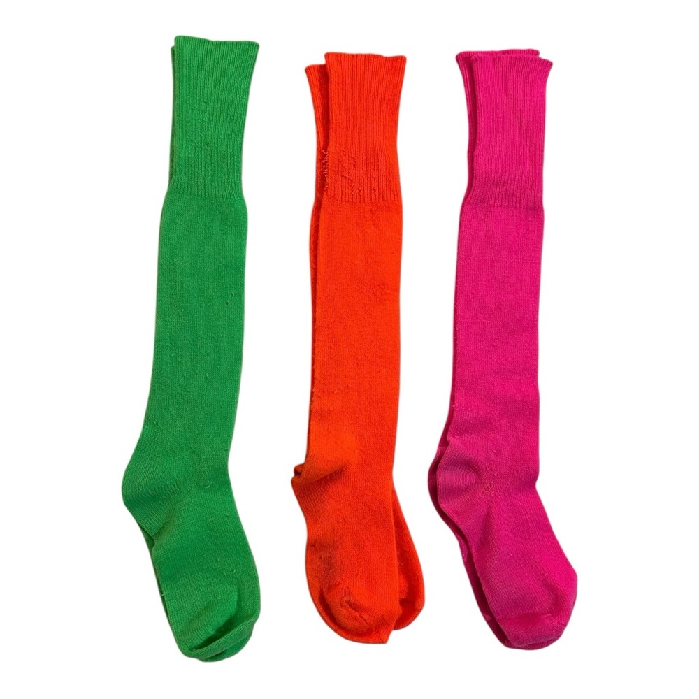 (3) Pairs Vintage 80s Neon Over The Knee Socks School Girl Pink Green Orange